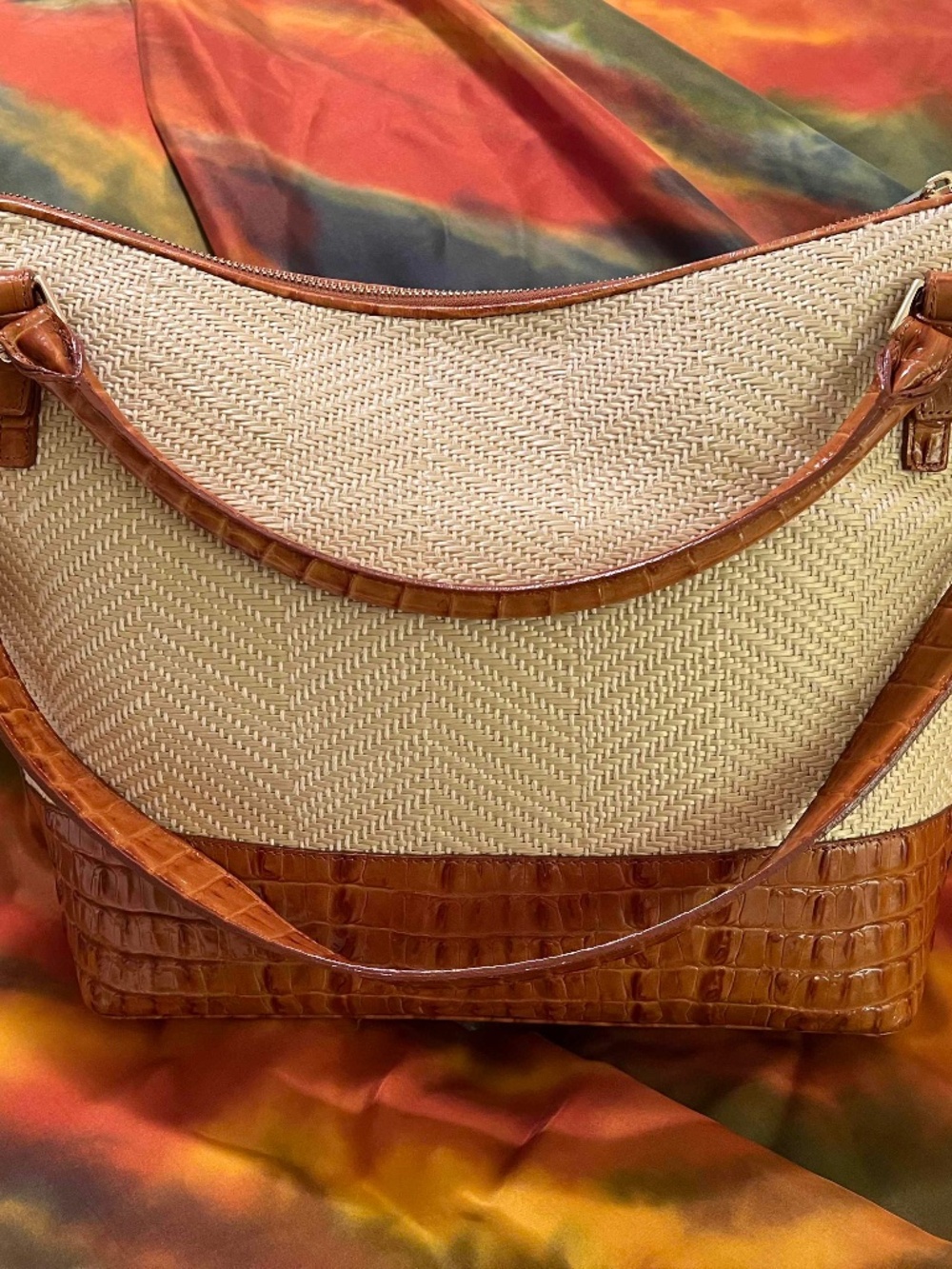 Brahmin Woven Herringbone Straw & Croc Leather Tassel Hobo Shoulder Bag - Picture 2 of 10
